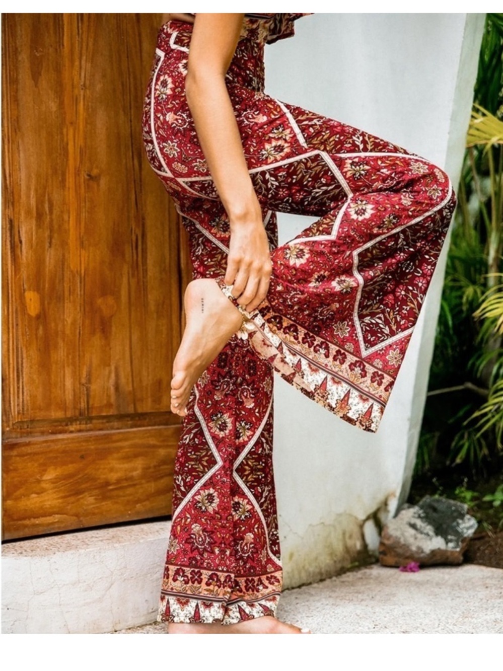 Boho Red Floral Boot-Cut Pants